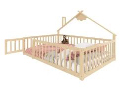 Cama tipo cabana infantil 140x190cm - com barreiras de segurança - madeira maciça - natural (sem colchão)