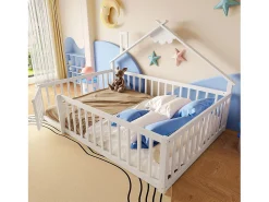 Cama tipo cabana infantil 140x190cm - com barreiras de segurança - madeira maciça - branca (sem colchão)