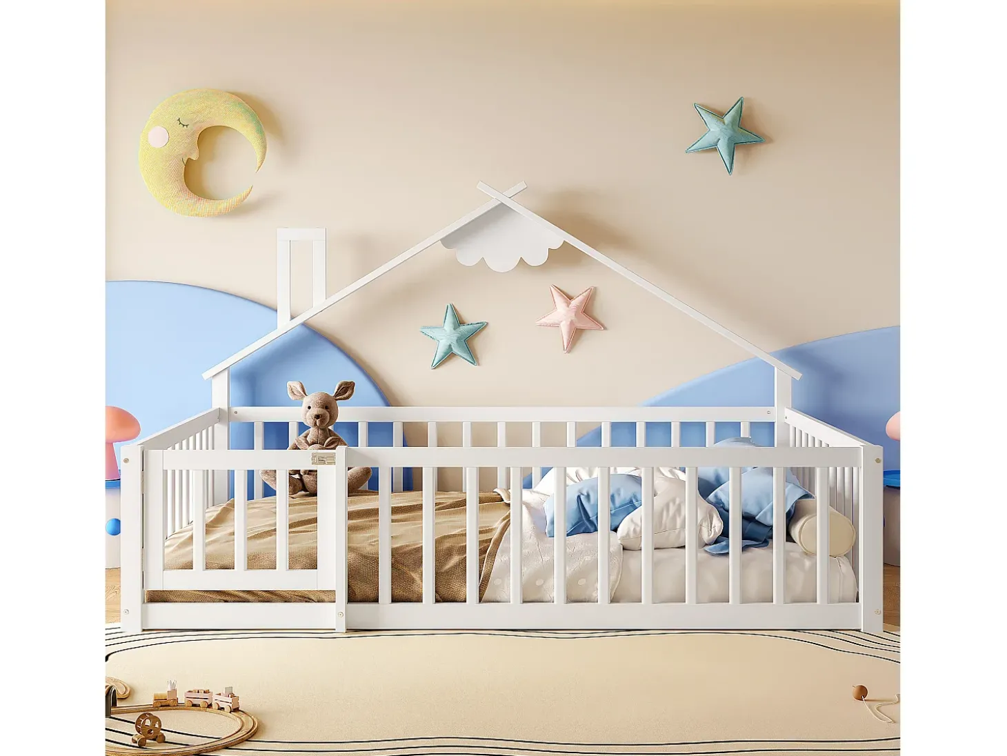 Cama tipo cabana infantil 140x190cm - com barreiras de segurança - madeira maciça - branca (sem colchão)