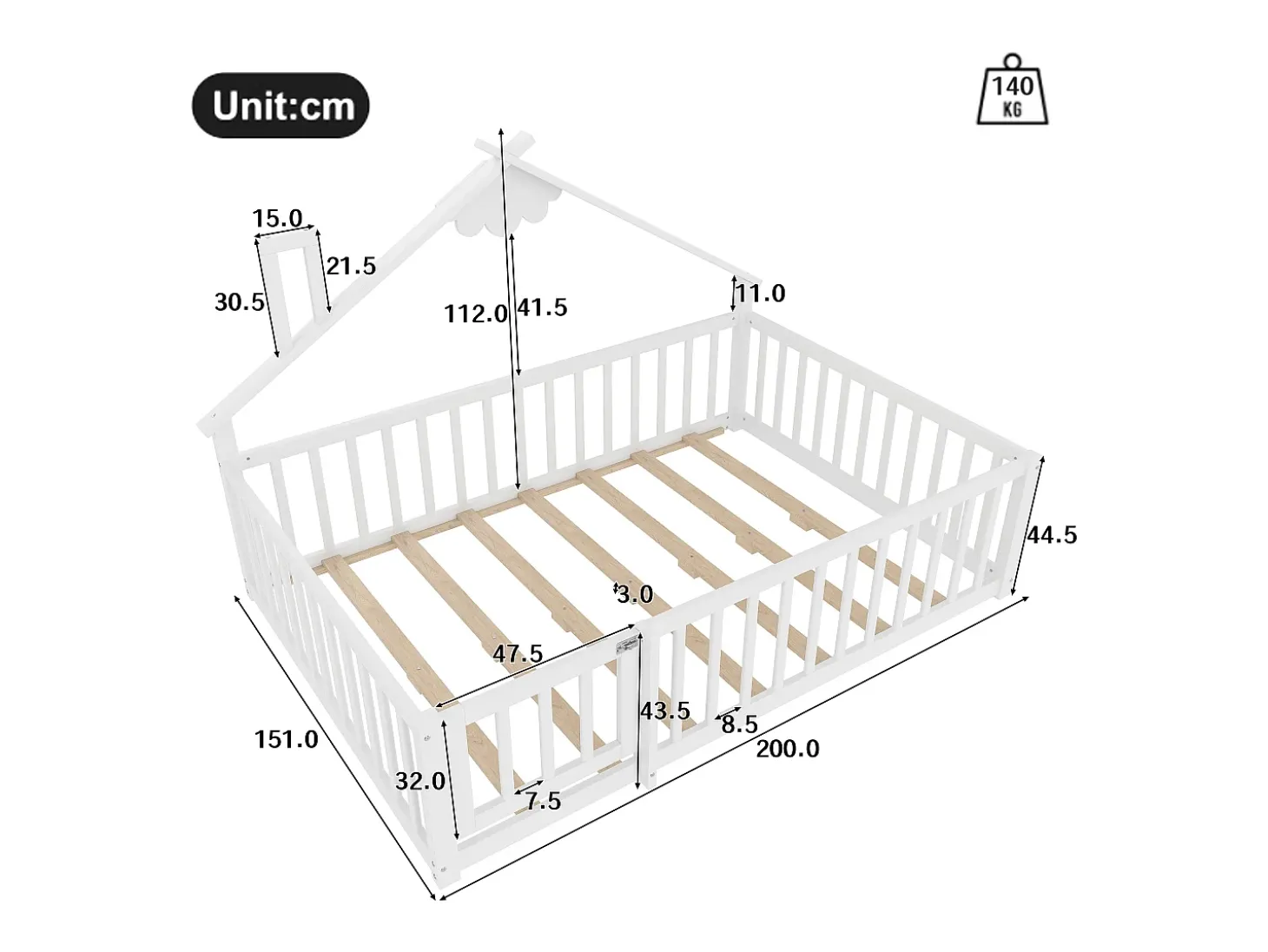 Cama tipo cabana infantil 140x190cm - com barreiras de segurança - madeira maciça - branca (sem colchão)