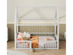 Cama tipo cabana infantil 140x200 cm com barreiras de segurança, pinho + MDF branco, sem colchão