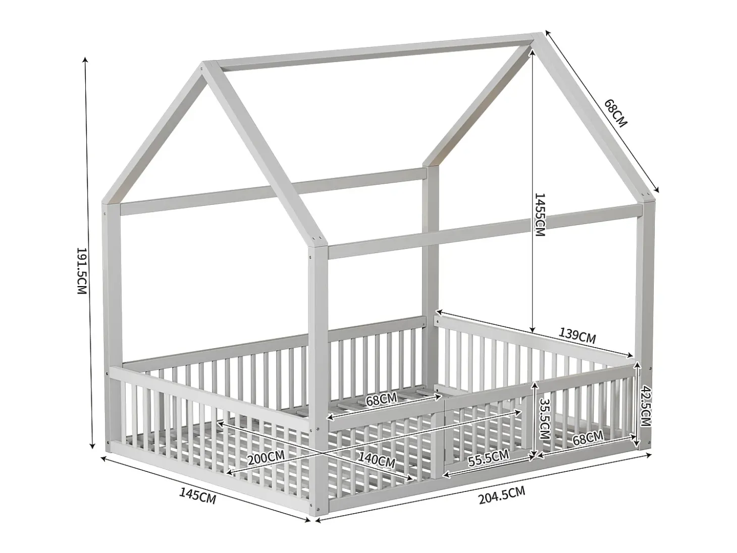 Cama tipo cabana infantil 140x200 cm com barreiras de segurança, pinho + MDF branco, sem colchão