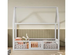 Cama tipo cabana infantil 140x200 cm com barreiras de segurança, pinho + MDF branco, sem colchão