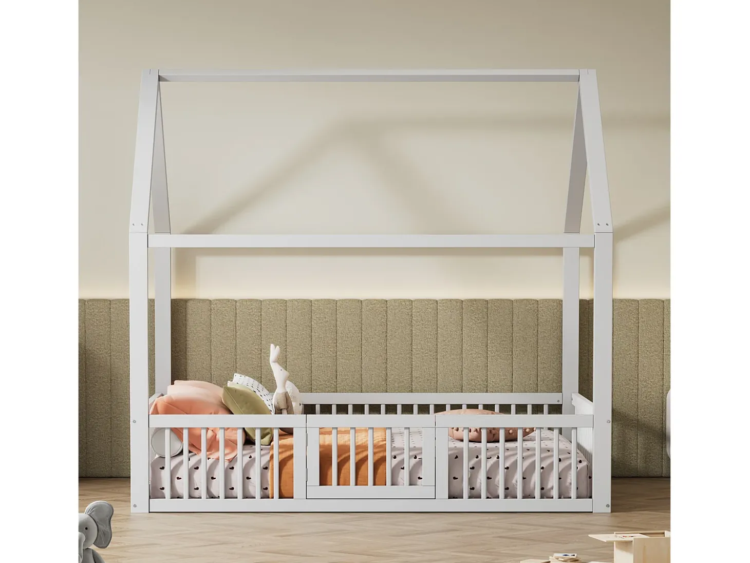 Cama tipo cabana infantil 140x200 cm com barreiras de segurança, pinho + MDF branco, sem colchão