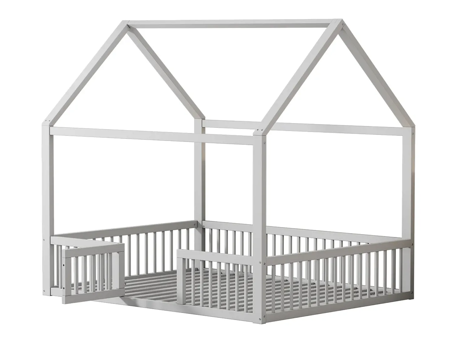 Cama tipo cabana infantil 140x200 cm com barreiras de segurança, pinho + MDF branco, sem colchão