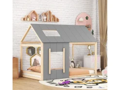 Cama tipo cabana 90x200cm - Cama de criança com tecto e janela - cinza e madeira natural - colchão não incluído