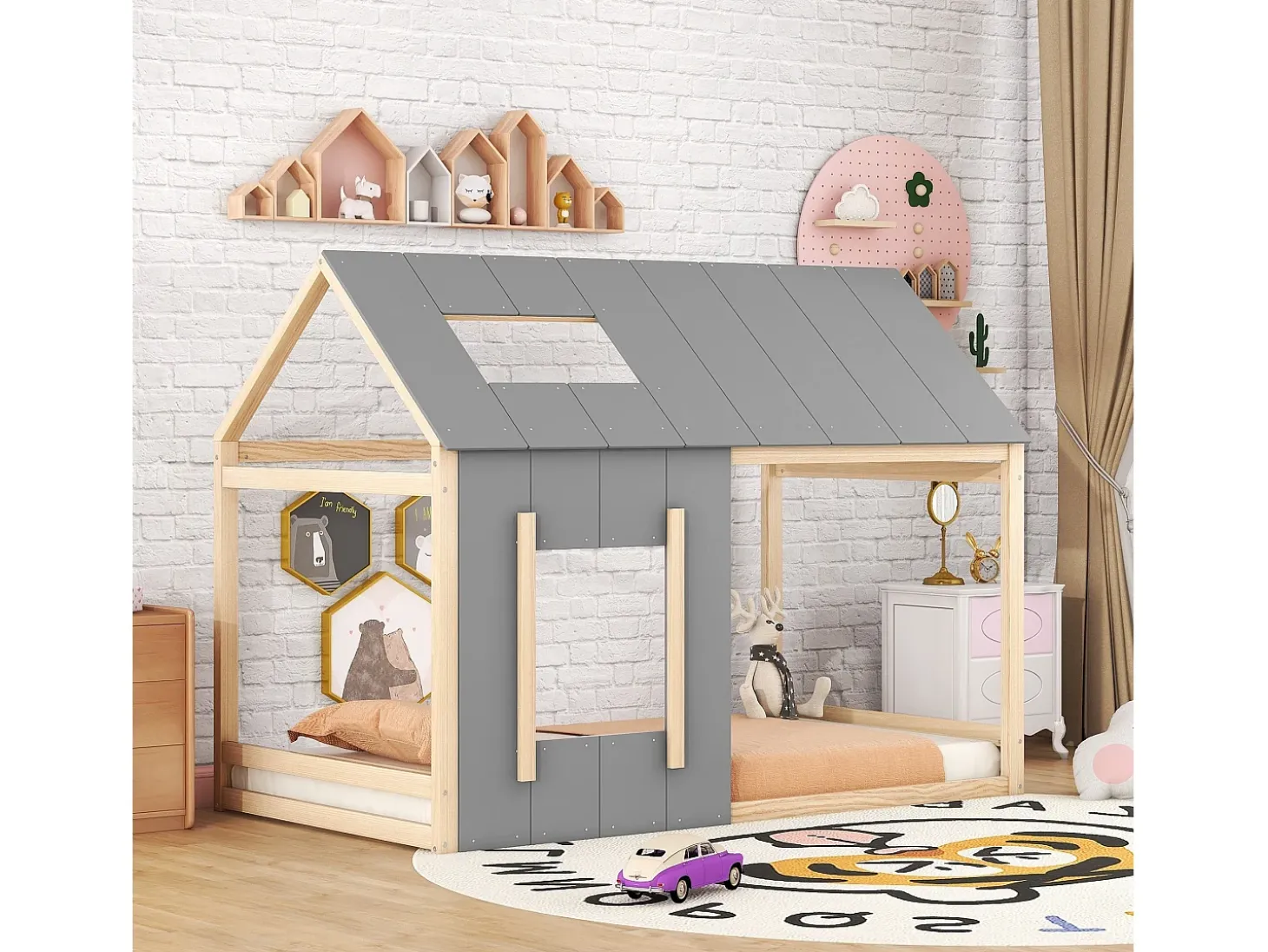 Cama tipo cabana 90x200cm - Cama de criança com tecto e janela - cinza e madeira natural - colchão não incluído