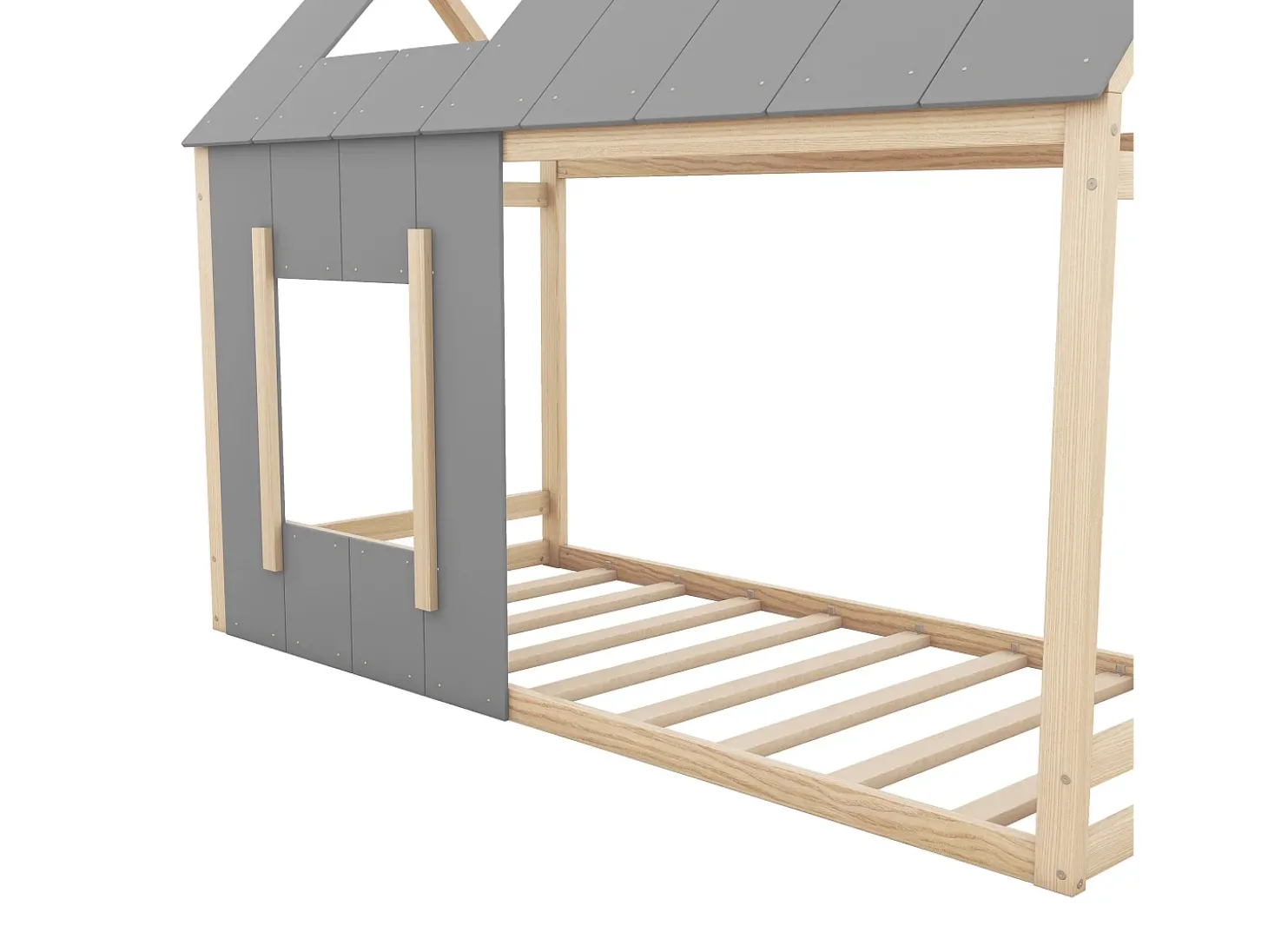 Cama tipo cabana 90x200cm - Cama de criança com tecto e janela - cinza e madeira natural - colchão não incluído