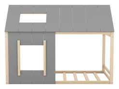 Cama tipo cabana 90x200cm - Cama de criança com tecto e janela - cinza e madeira natural - colchão não incluído