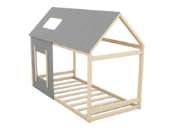Cama tipo cabana 90x200cm - Cama de criança com tecto e janela - cinza e madeira natural - colchão não incluído