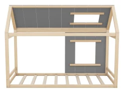 Cama tipo cabana 90x200cm - Cama de criança com tecto e janela - cinza e madeira natural - colchão não incluído