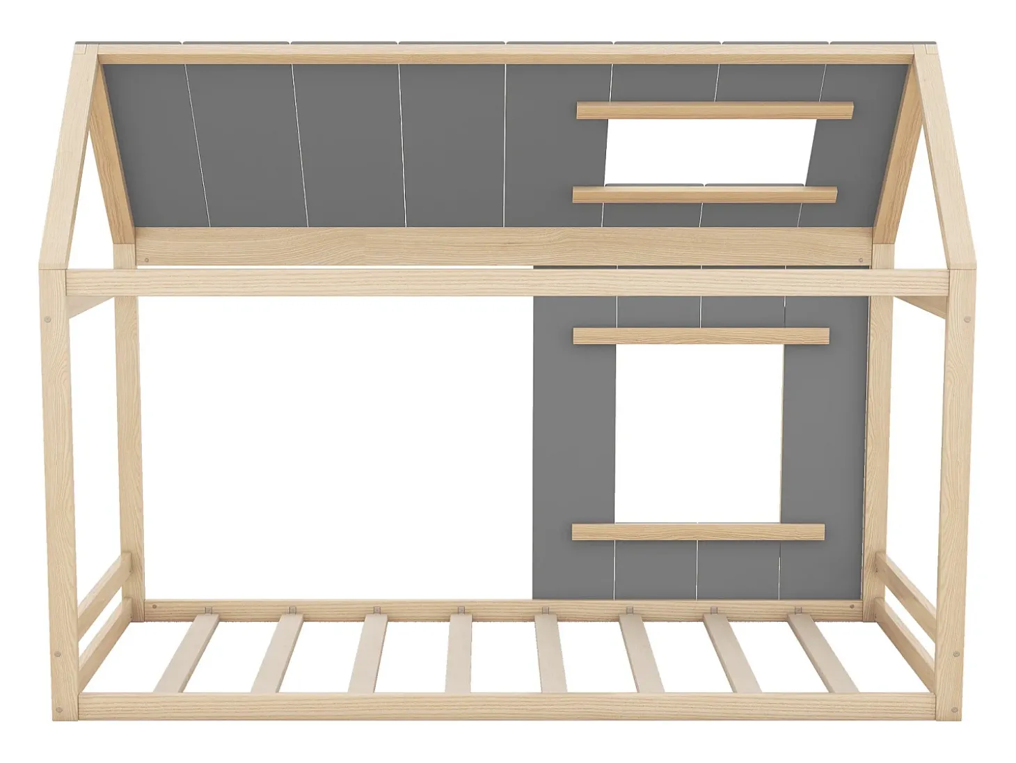 Cama tipo cabana 90x200cm - Cama de criança com tecto e janela - cinza e madeira natural - colchão não incluído