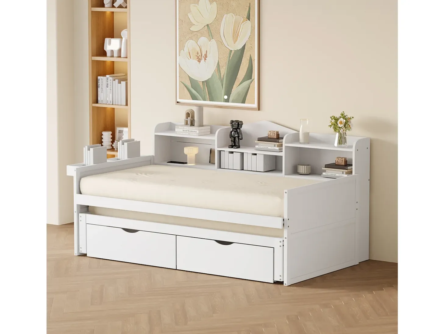 Cama tipo gavetão 90 x 200 cm + 90 x 190 cm com 2 gavetas, tomada USB e compartimento de arrumação - madeira de pinho + MDF - Branco (sem colchão)
