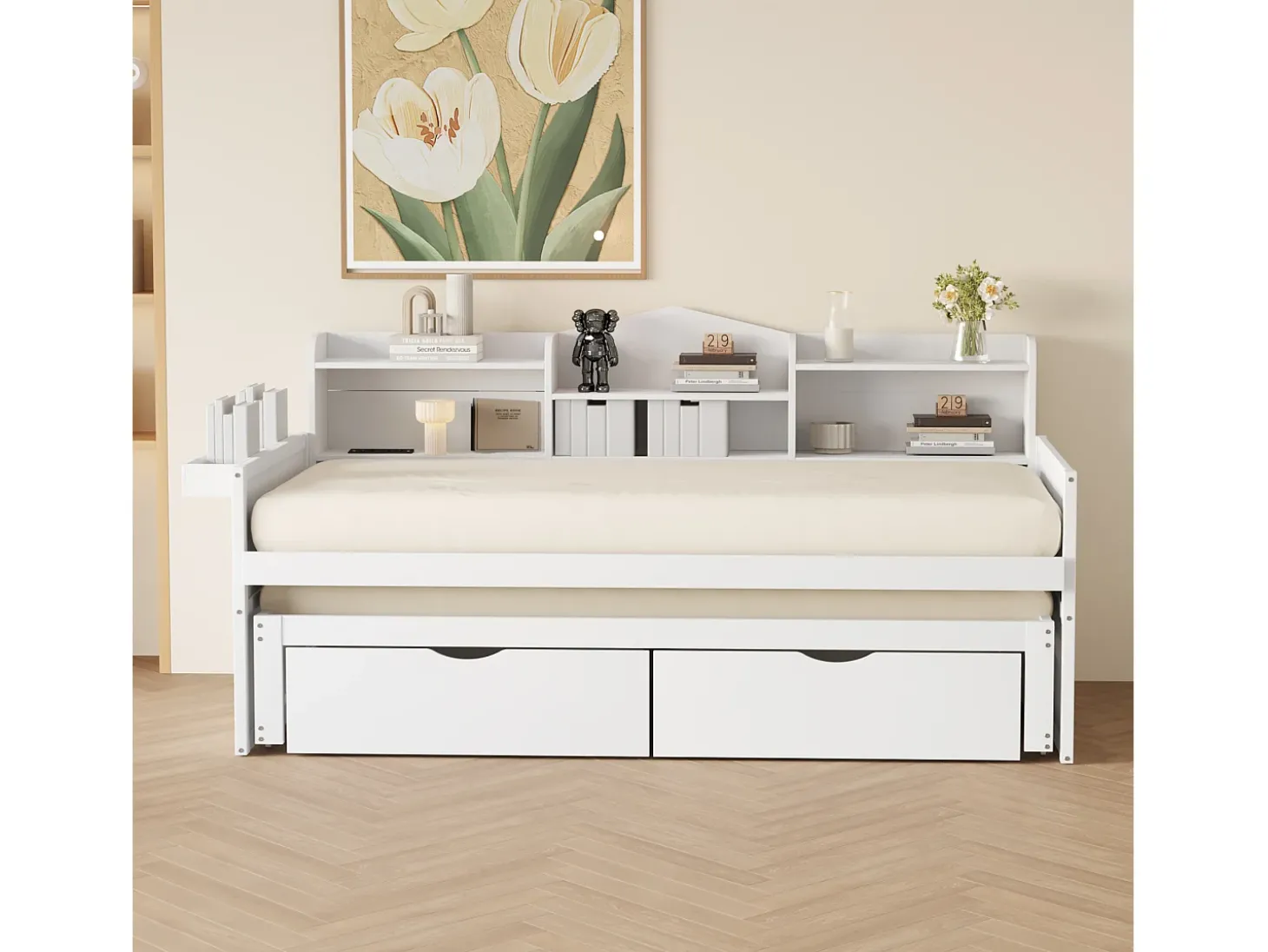 Cama tipo gavetão 90 x 200 cm + 90 x 190 cm com 2 gavetas, tomada USB e compartimento de arrumação - madeira de pinho + MDF - Branco (sem colchão)