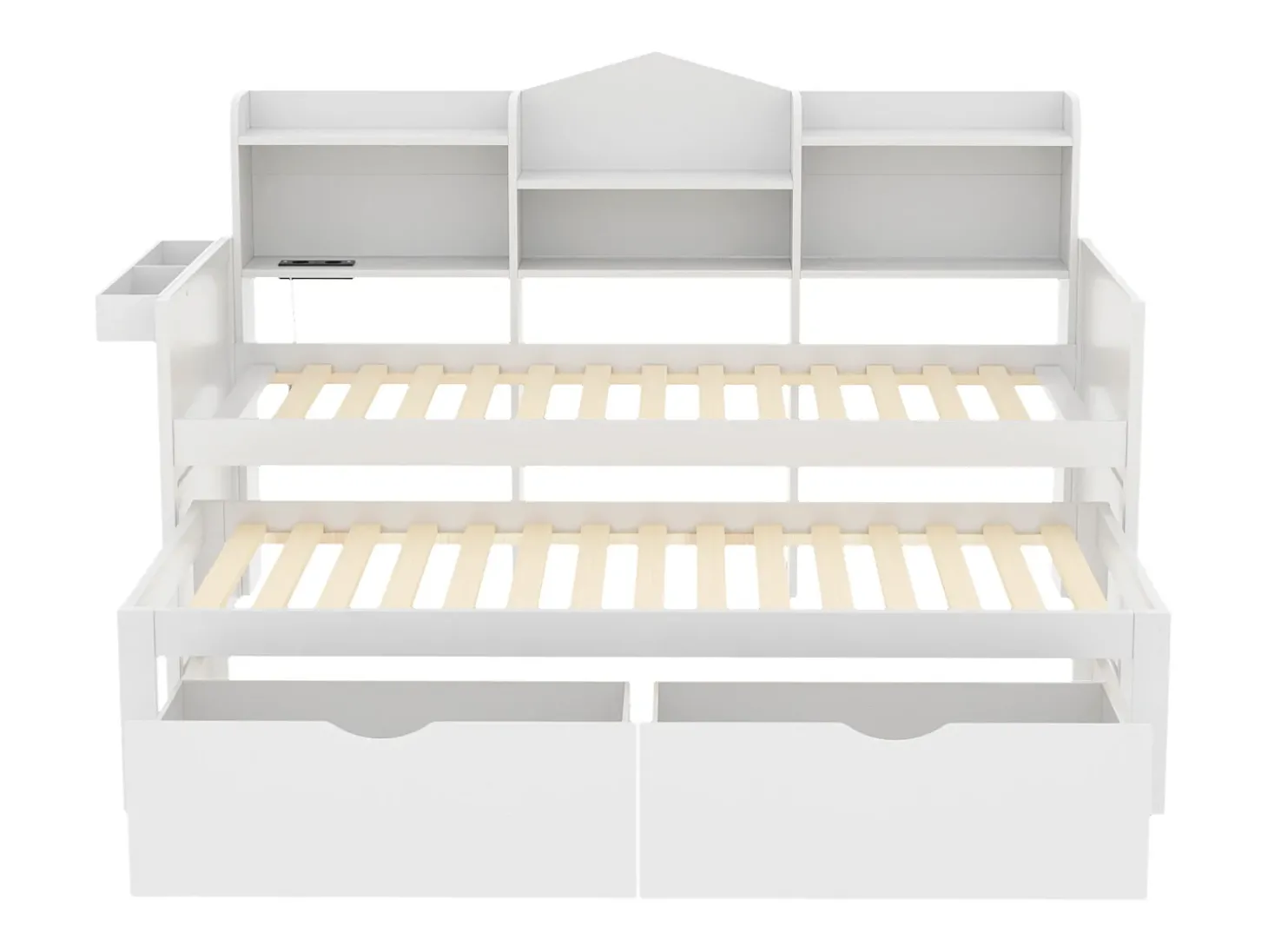 Cama tipo gavetão 90 x 200 cm + 90 x 190 cm com 2 gavetas, tomada USB e compartimento de arrumação - madeira de pinho + MDF - Branco (sem colchão)