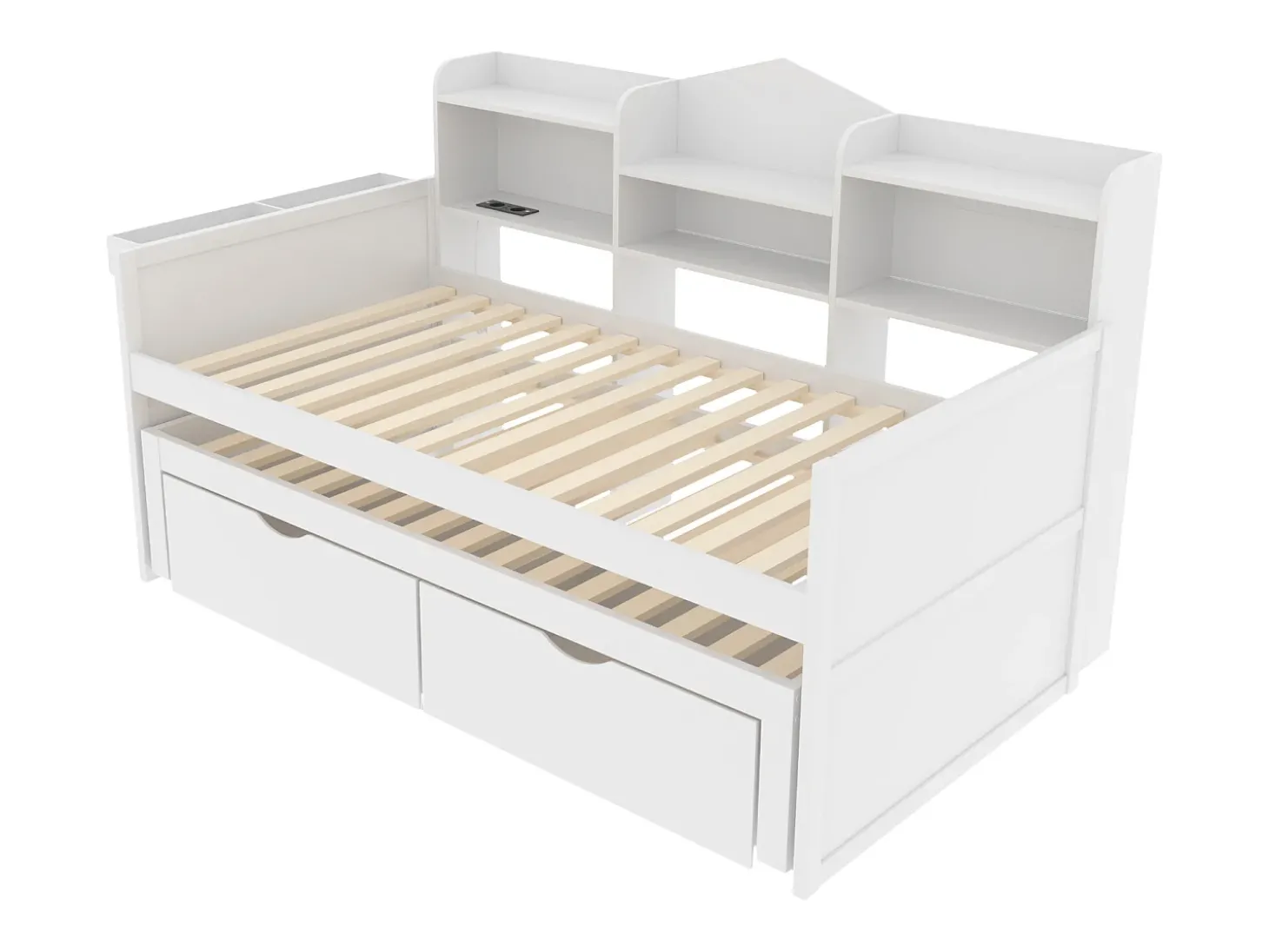 Cama tipo gavetão 90 x 200 cm + 90 x 190 cm com 2 gavetas, tomada USB e compartimento de arrumação - madeira de pinho + MDF - Branco (sem colchão)