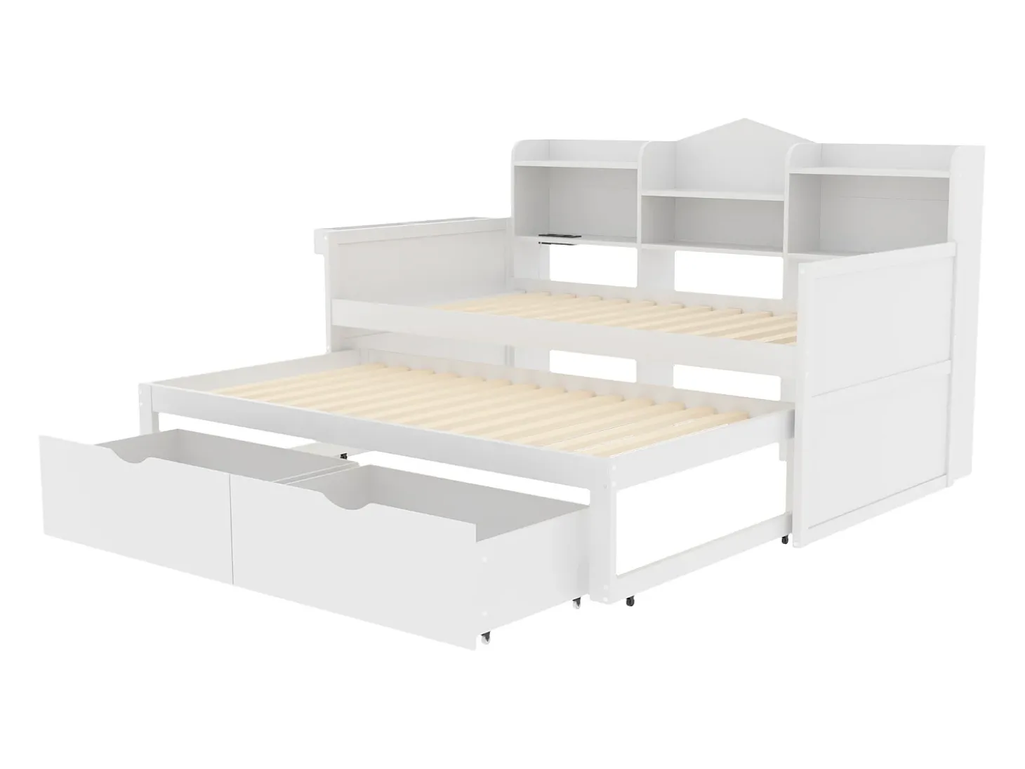 Cama tipo gavetão 90 x 200 cm + 90 x 190 cm com 2 gavetas, tomada USB e compartimento de arrumação - madeira de pinho + MDF - Branco (sem colchão)