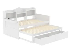 Cama tipo gavetão 90 x 200 cm + 90 x 190 cm com 2 gavetas, tomada USB e compartimento de arrumação - madeira de pinho + MDF - Branco (sem colchão)