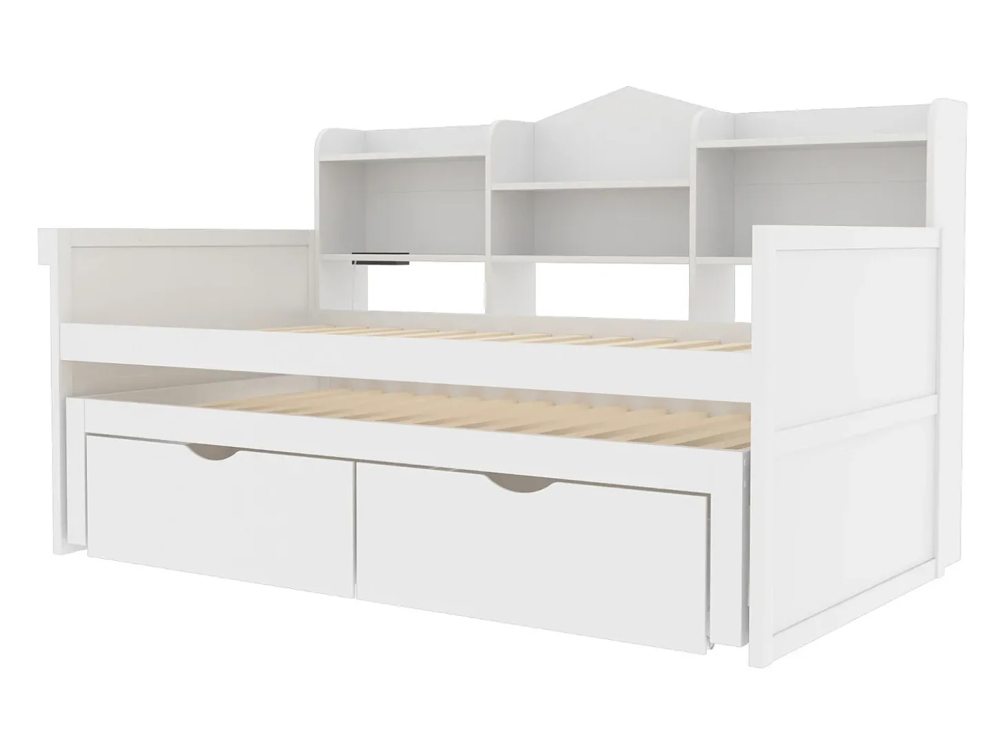 Cama tipo gavetão 90 x 200 cm + 90 x 190 cm com 2 gavetas, tomada USB e compartimento de arrumação - madeira de pinho + MDF - Branco (sem colchão)