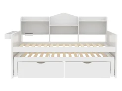 Cama tipo gavetão 90 x 200 cm + 90 x 190 cm com 2 gavetas, tomada USB e compartimento de arrumação - madeira de pinho + MDF - Branco (sem colchão)