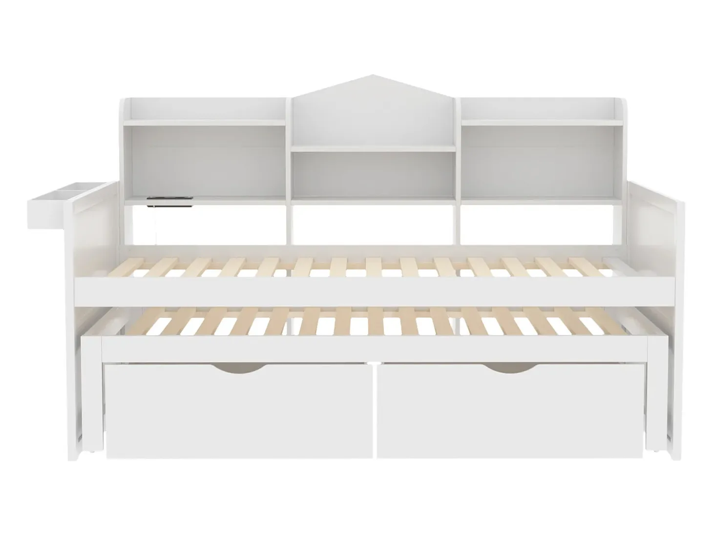 Cama tipo gavetão 90 x 200 cm + 90 x 190 cm com 2 gavetas, tomada USB e compartimento de arrumação - madeira de pinho + MDF - Branco (sem colchão)