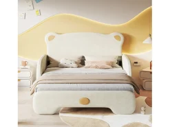 Cama tipo gavetão 140 x 200 cm com cabeceira de urso, veludo, box spring incluído, bege