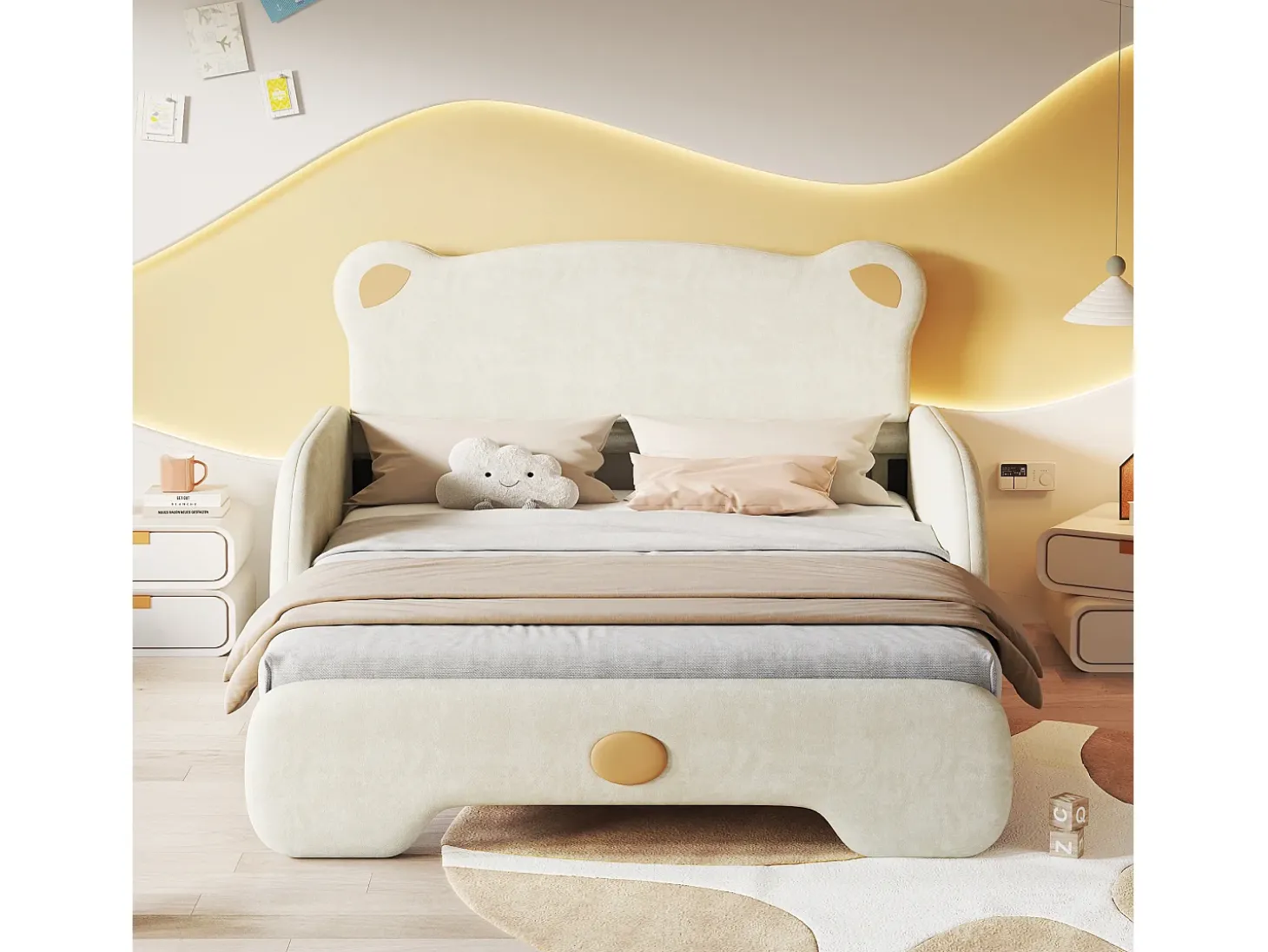 Cama tipo gavetão 140 x 200 cm com cabeceira de urso, veludo, box spring incluído, bege