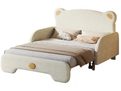 Cama tipo gavetão 140 x 200 cm com cabeceira de urso, veludo, box spring incluído, bege