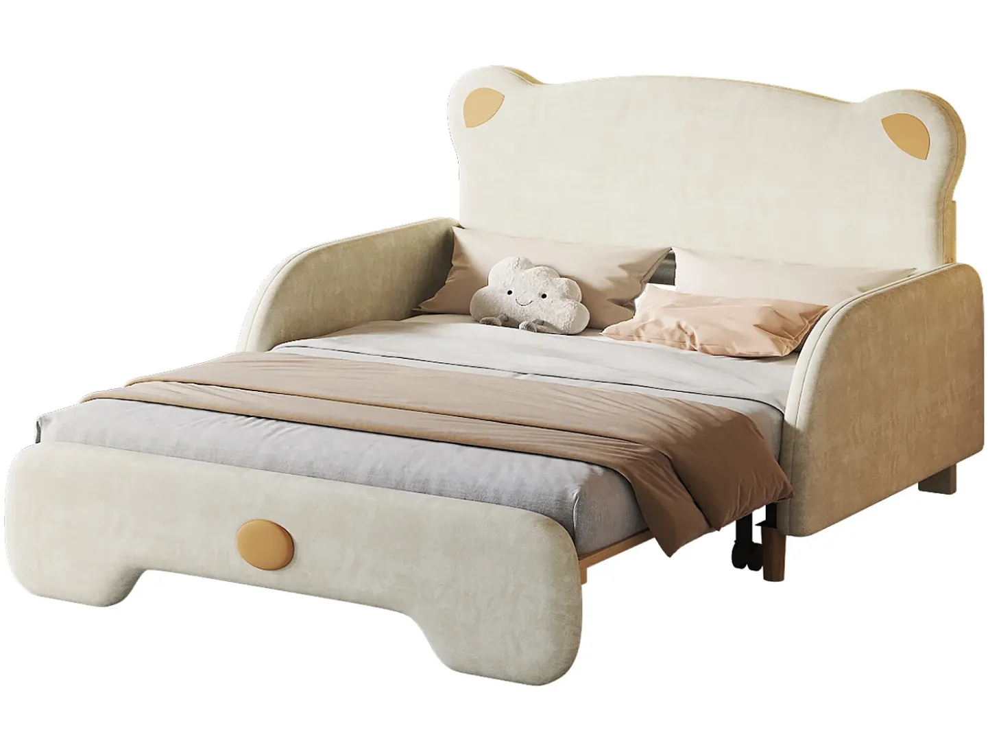 Cama tipo gavetão 140 x 200 cm com cabeceira de urso, veludo, box spring incluído, bege