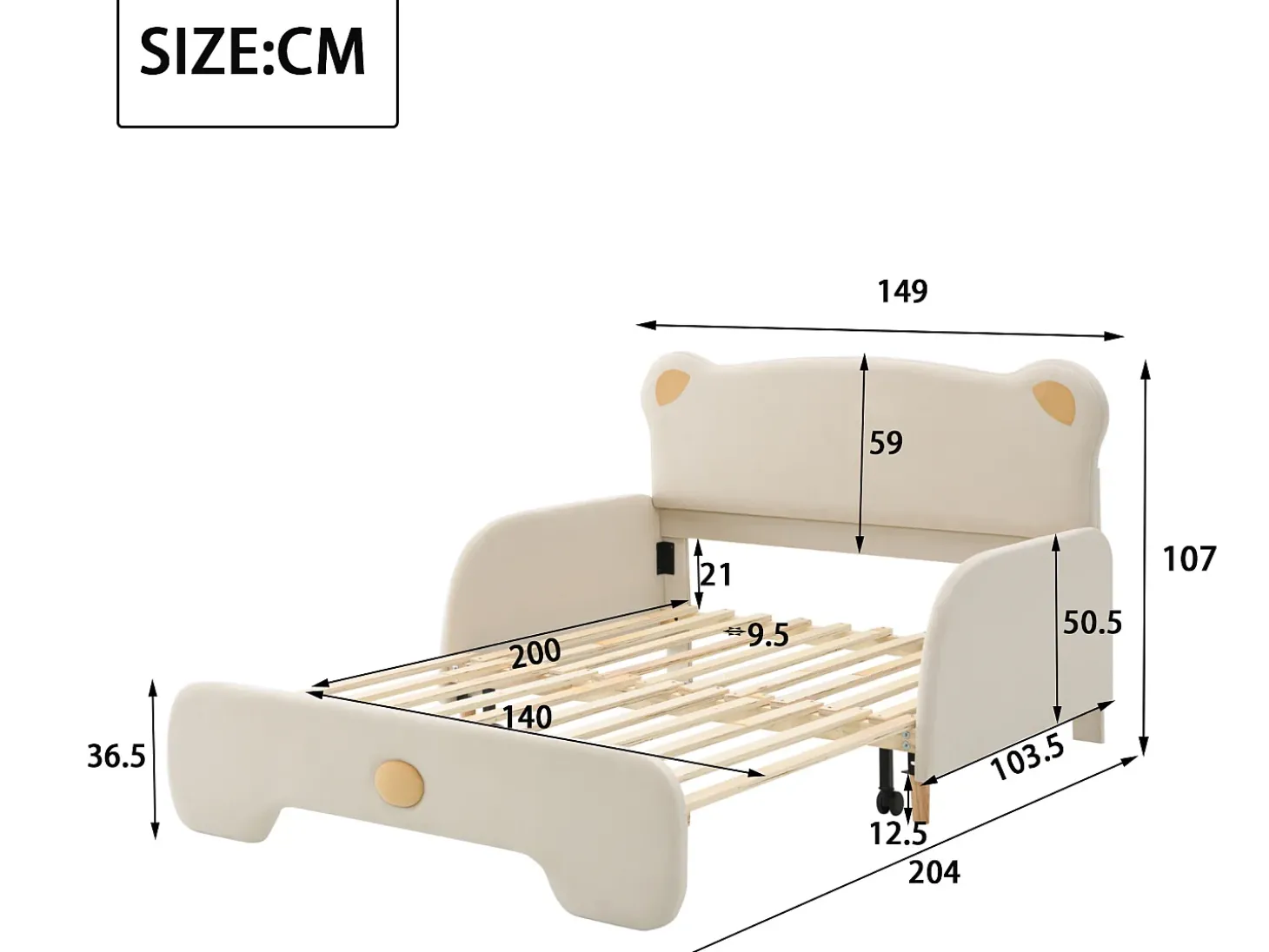 Cama tipo gavetão 140 x 200 cm com cabeceira de urso, veludo, box spring incluído, bege