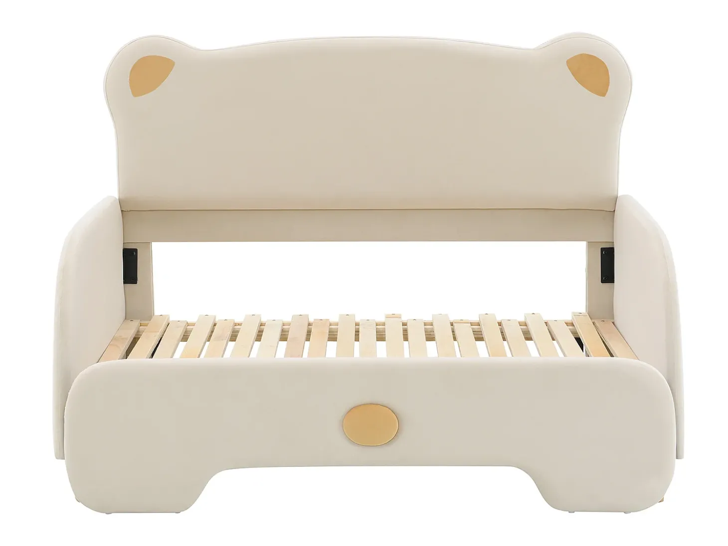 Cama tipo gavetão 140 x 200 cm com cabeceira de urso, veludo, box spring incluído, bege