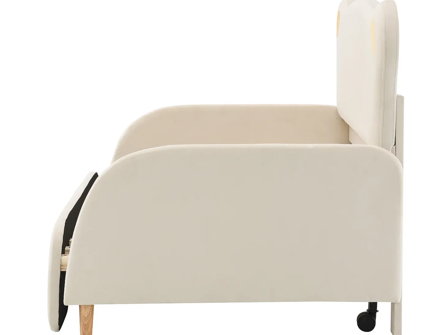 Cama tipo gavetão 140 x 200 cm com cabeceira de urso, veludo, box spring incluído, bege