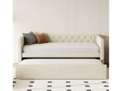 Cama tipo gavetão estofada em veludo - 90/180x200 cm - com base de ripas - Bege