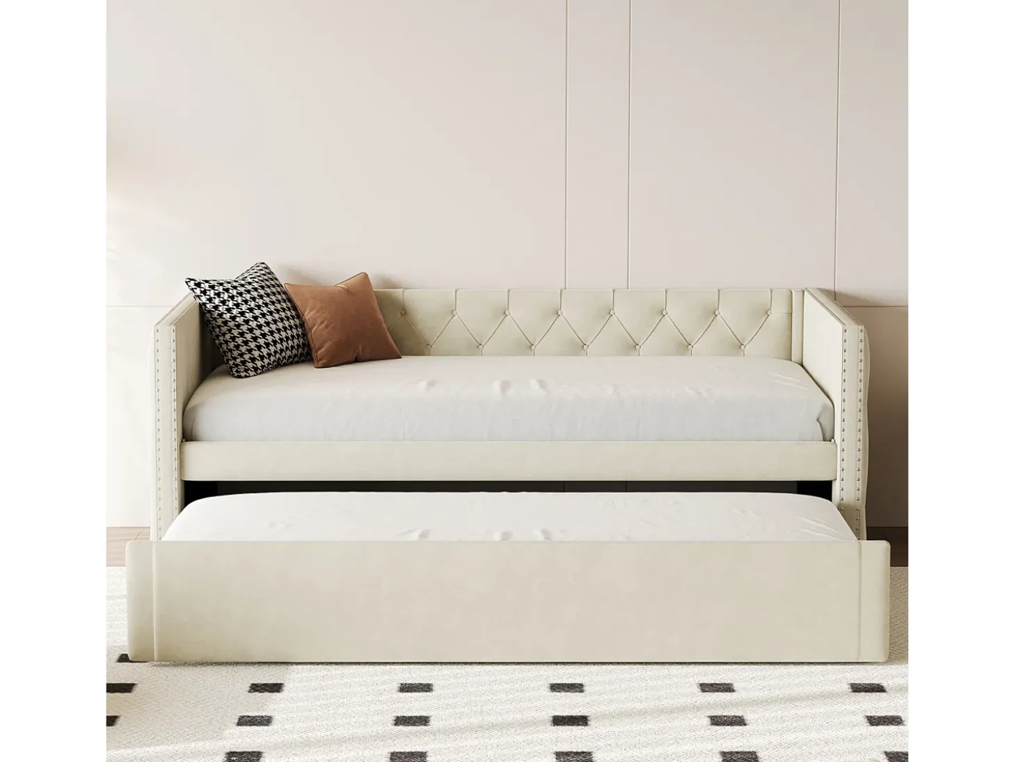 Cama tipo gavetão estofada em veludo - 90/180x200 cm - com base de ripas - Bege