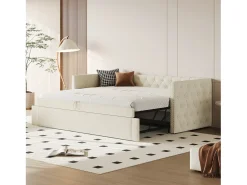 Cama tipo gavetão estofada em veludo - 90/180x200 cm - com base de ripas - Bege