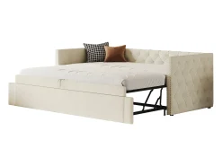 Cama tipo gavetão estofada em veludo - 90/180x200 cm - com base de ripas - Bege