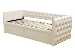 Cama tipo gavetão estofada em veludo - 90/180x200 cm - com base de ripas - Bege