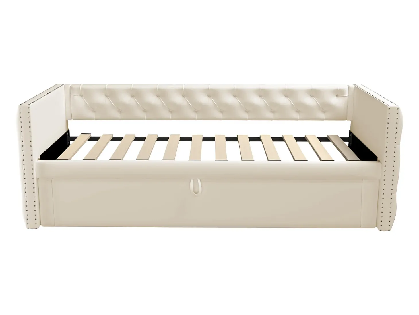 Cama tipo gavetão estofada em veludo - 90/180x200 cm - com base de ripas - Bege
