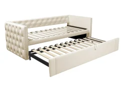 Cama tipo gavetão estofada em veludo - 90/180x200 cm - com base de ripas - Bege