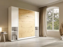 Cama vertical retrátil 140 x 200 cm branco e natural 2 armários + colchão - RAPILI