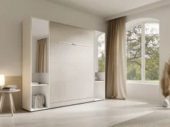 Cama vertical retrátil 160 x 200 cm bege 2 armários + espelho + colchão - RAPILI