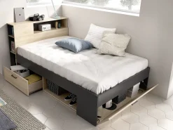 Cama 120x190 cm cabeceira, arrumação natural e antracite + estrado - LEANDRE
