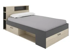 Cama 120x190 cm cabeceira, arrumação natural e antracite + estrado - LEANDRE