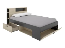 Cama 120x190 cm cabeceira, arrumação natural e antracite + estrado - LEANDRE