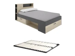 Cama 120x190 cm cabeceira, arrumação natural e antracite + estrado - LEANDRE