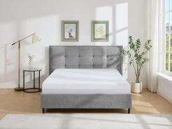 Cama 180x200 cm com cabeceira acolchoada em tecido cinza - NIRPIO