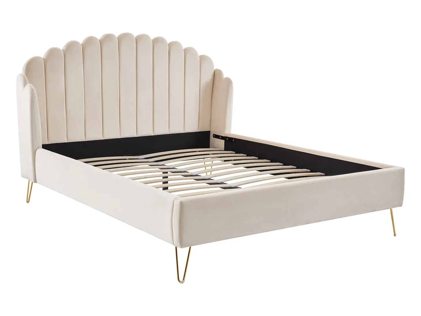 Cama 140x190 cm com cabeceira de cama ondulada veludo bege + colchão - SAGALI