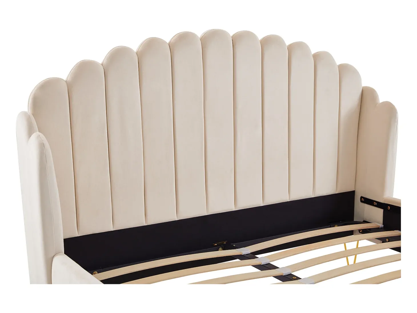 Cama 140x190 cm com cabeceira de cama ondulada veludo bege + colchão - SAGALI