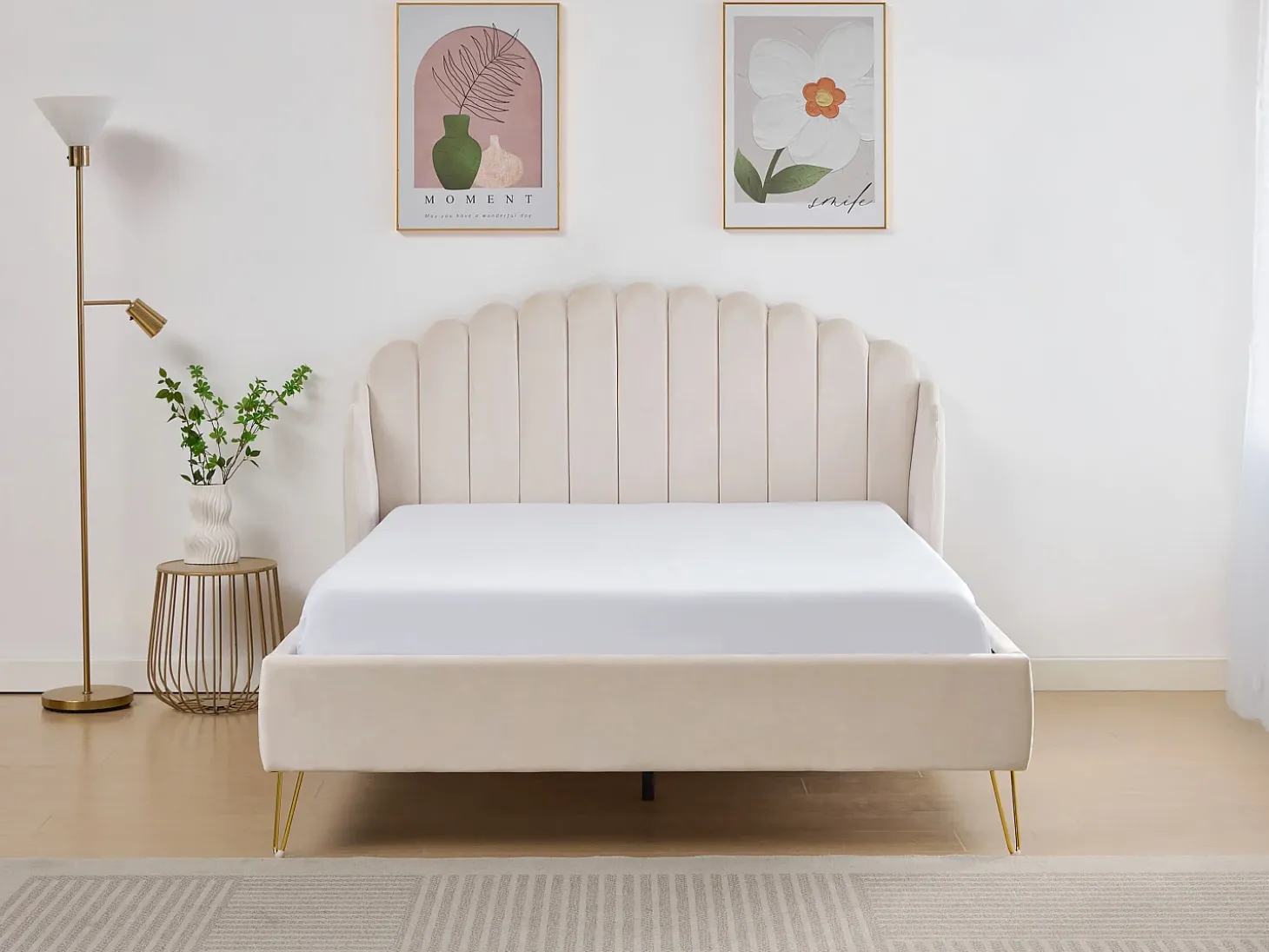 Cama 140x190 cm com cabeceira de cama ondulada veludo bege + colchão - SAGALI