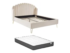 Cama 140x190 cm com cabeceira de cama ondulada veludo bege + colchão - SAGALI